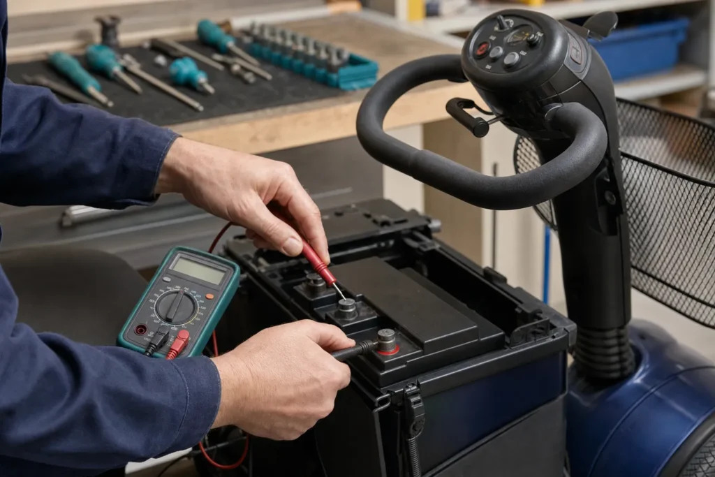 Home 2 Man testing a battery voltage with a multimeter.