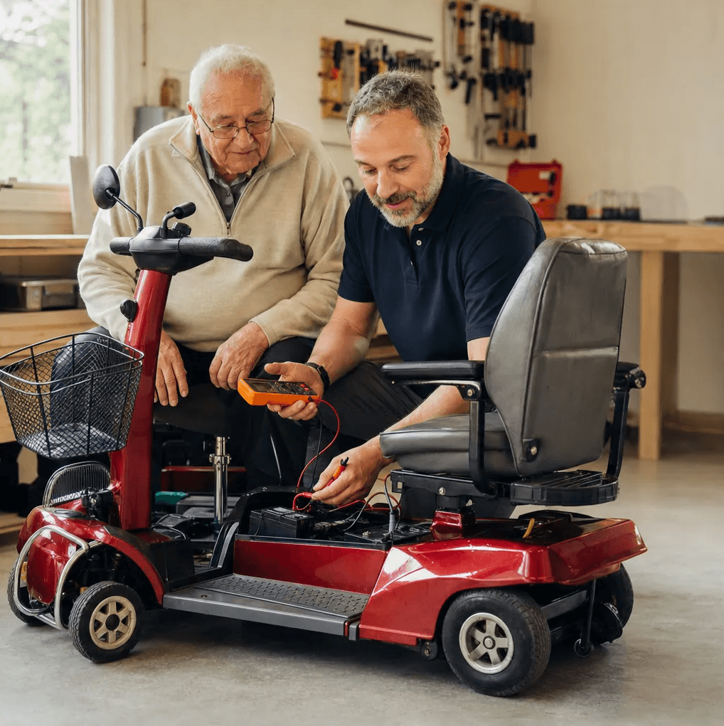 Home 1 Two men diagnosing a scooter with a multimeter.