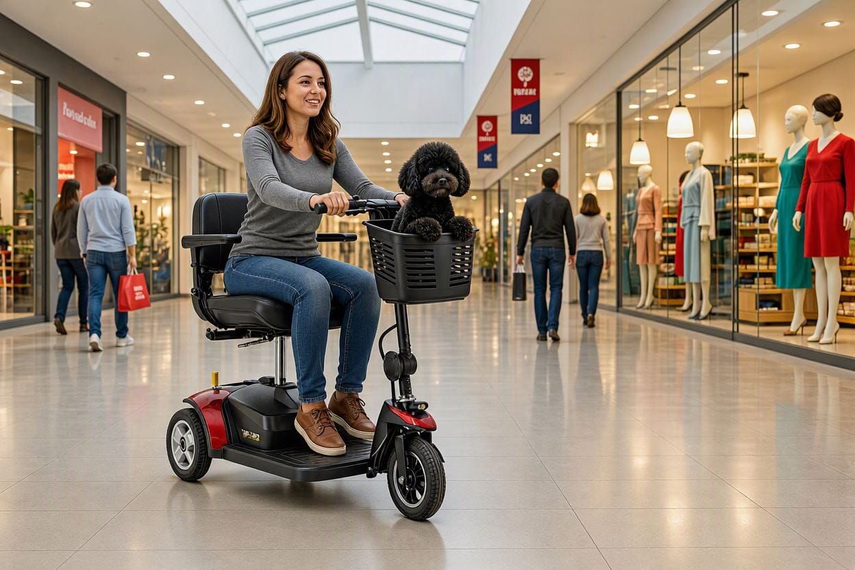 Shopping with a Pride Go Go Scooter and Her Dog.