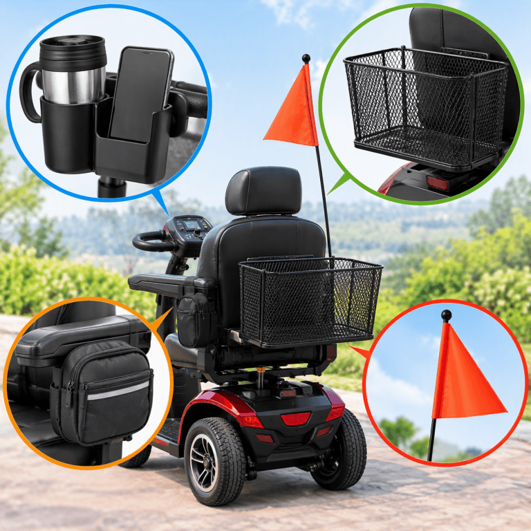 Mobility Scooter Storage Bags, Baskets, Cup & Phone Holders